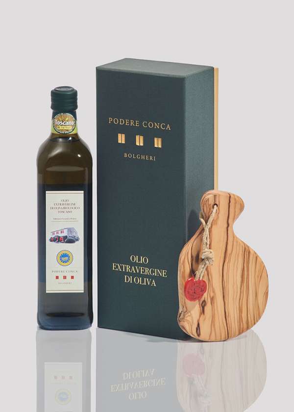 Geschenkpackung nativem Olivenöl extra toscano igp Schneidebrett